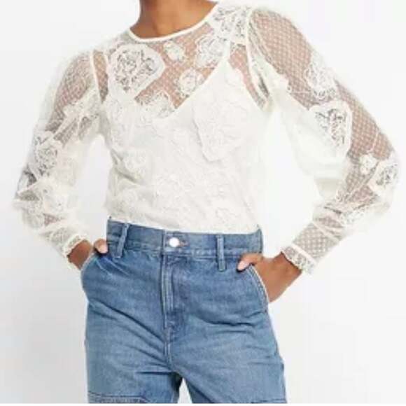 NWT Express Embroidered Floral Lace with Swiss Dot Sleeves and Cami Insert - Picture 2 of 9